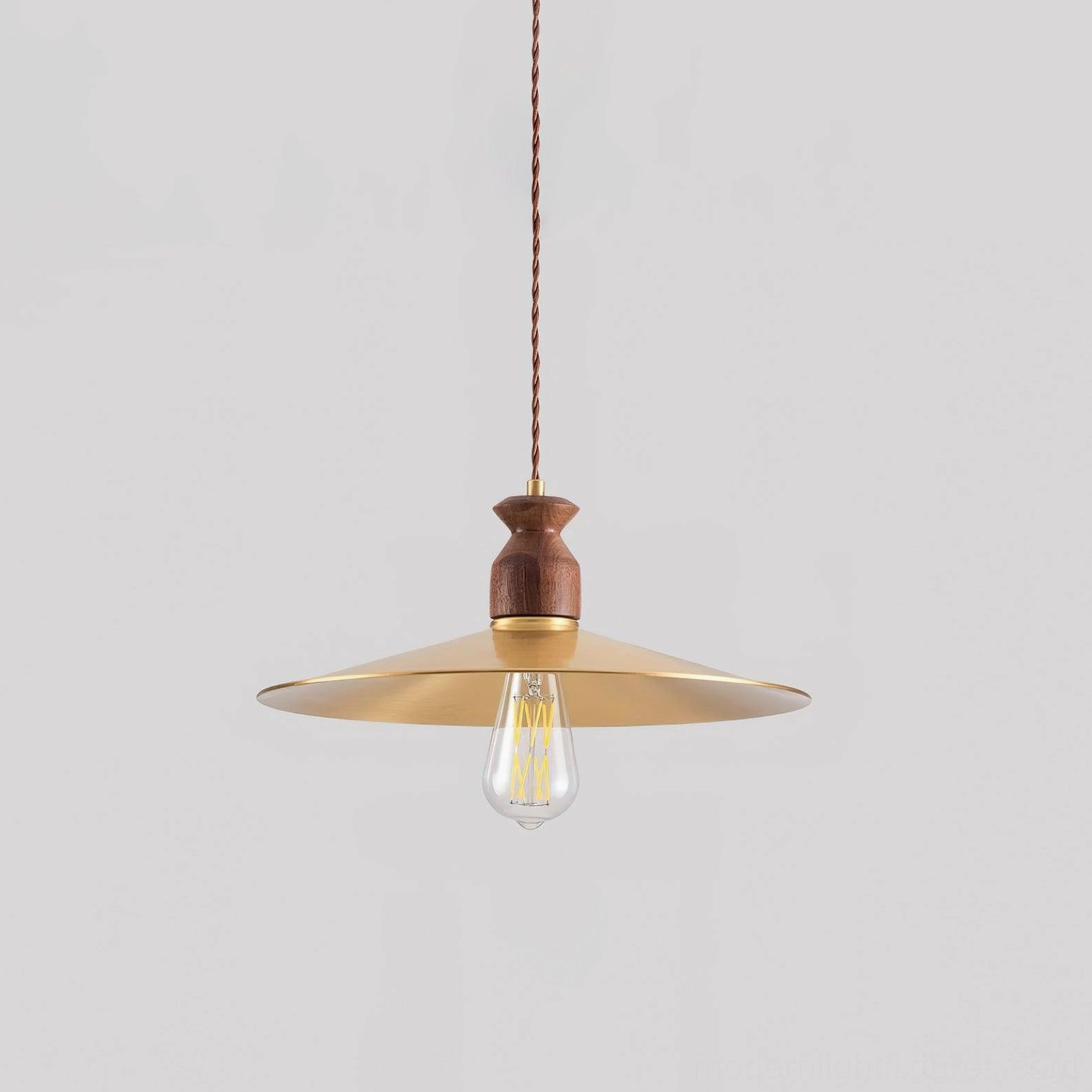 Viana pendant light Model A variant with walnut wood accents and classic warm finish in dining setting