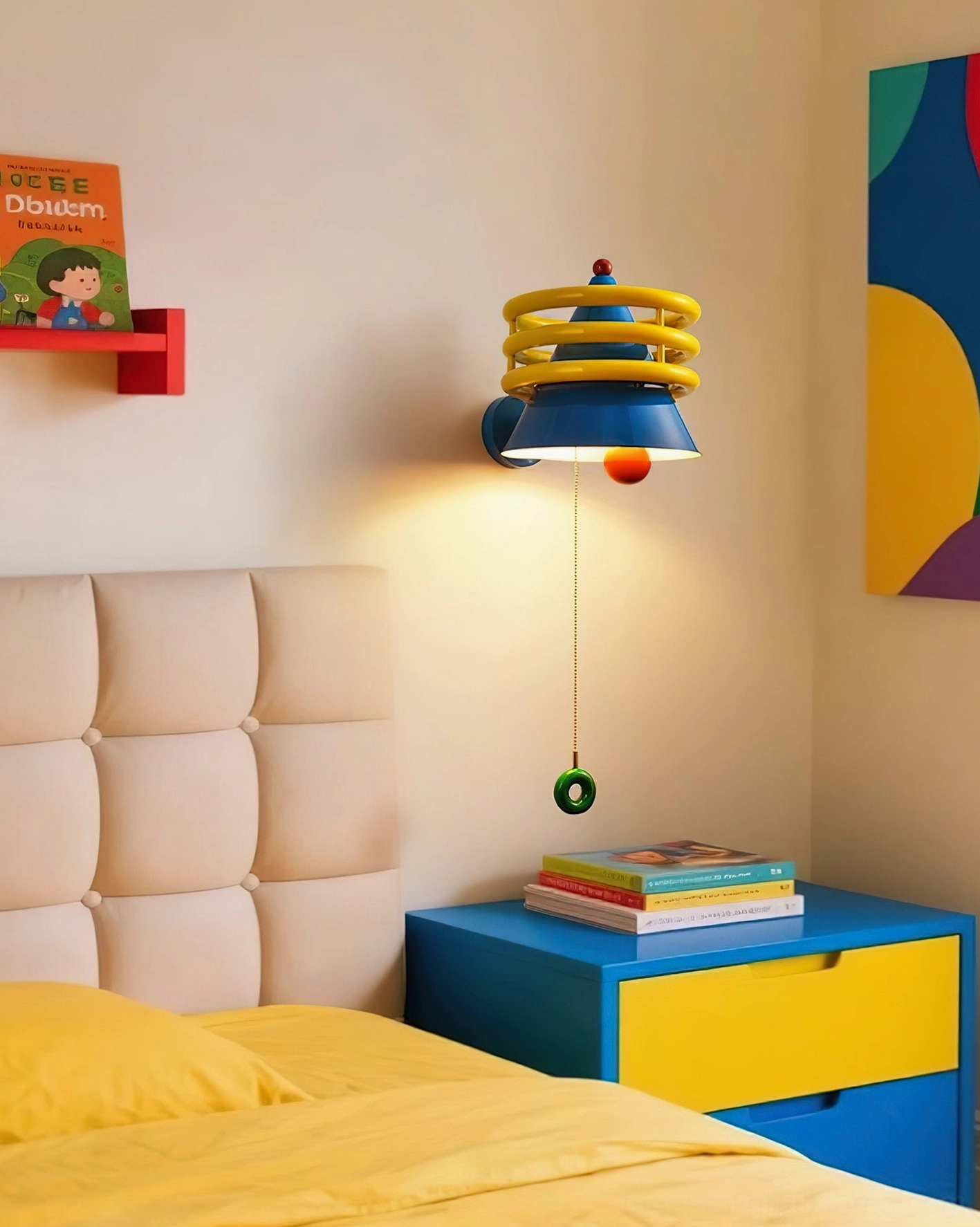 Kinetica vibrant wall sconce in kid's bedroom with playful color scheme interior