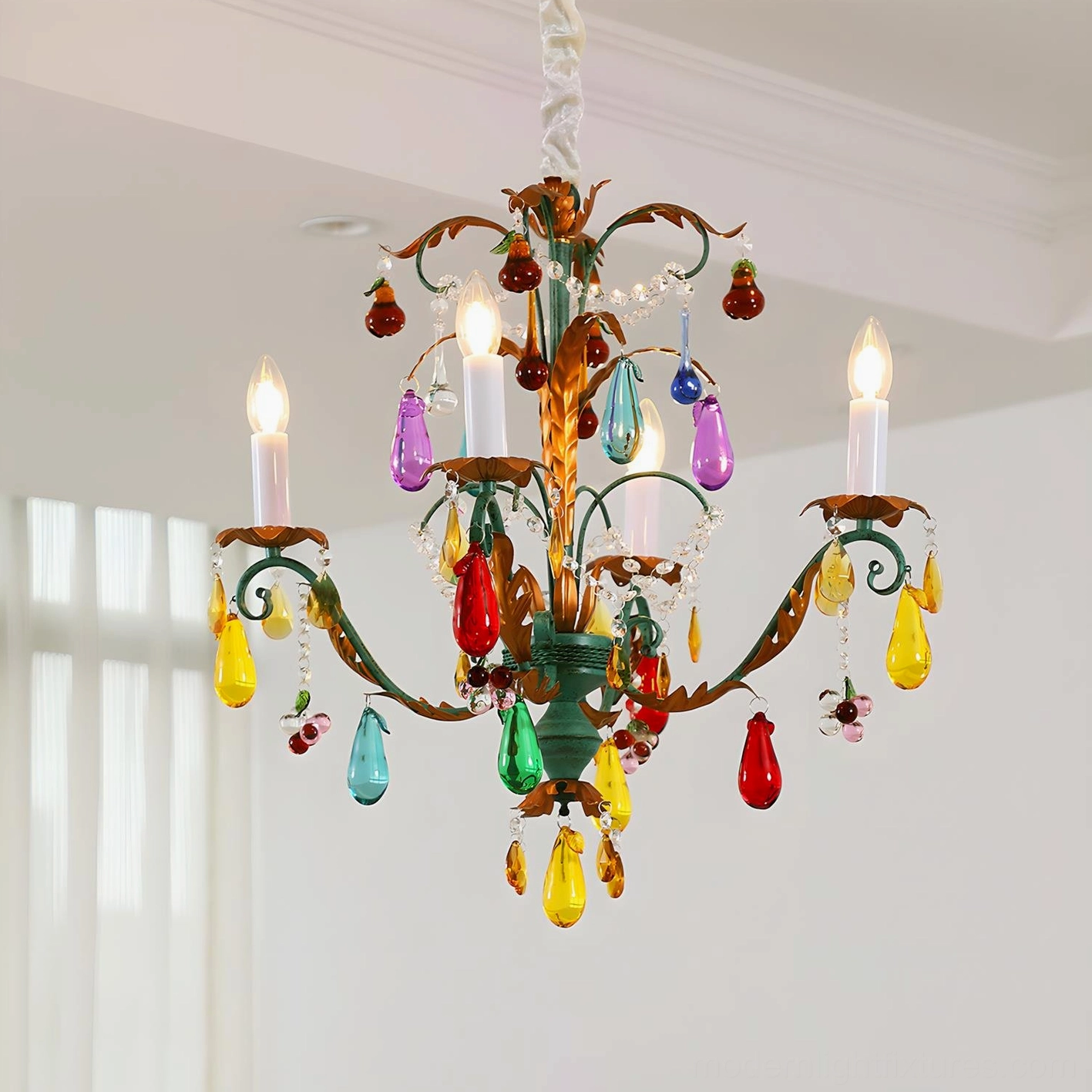 4-head copper gold and multicolor Vibranza chandelier in intimate dining setting