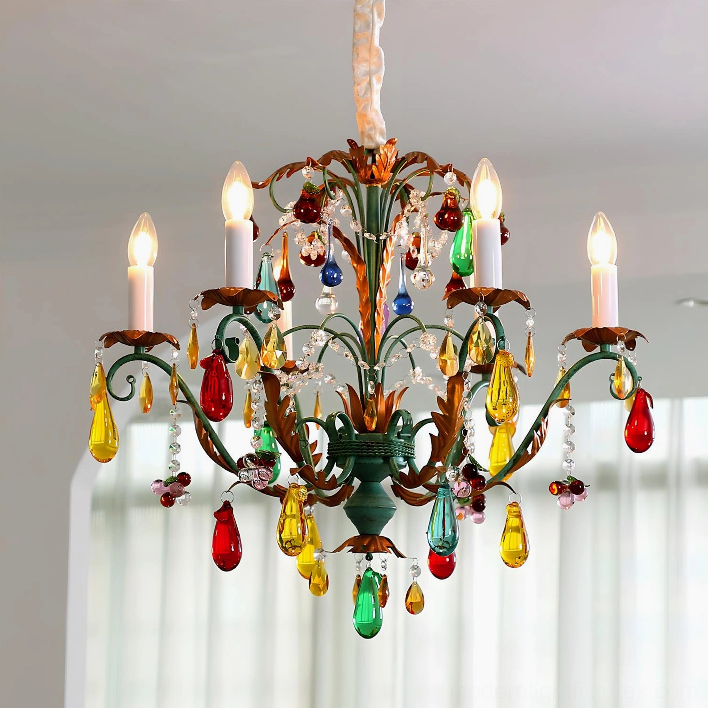 6-head Vibranza chandelier copper gold and multicolor configuration overhead view