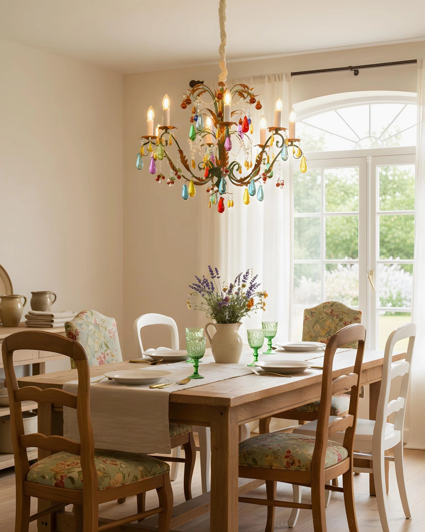 Multicolor crystal chandelier in country style dining room with arched window and neutral warm tones