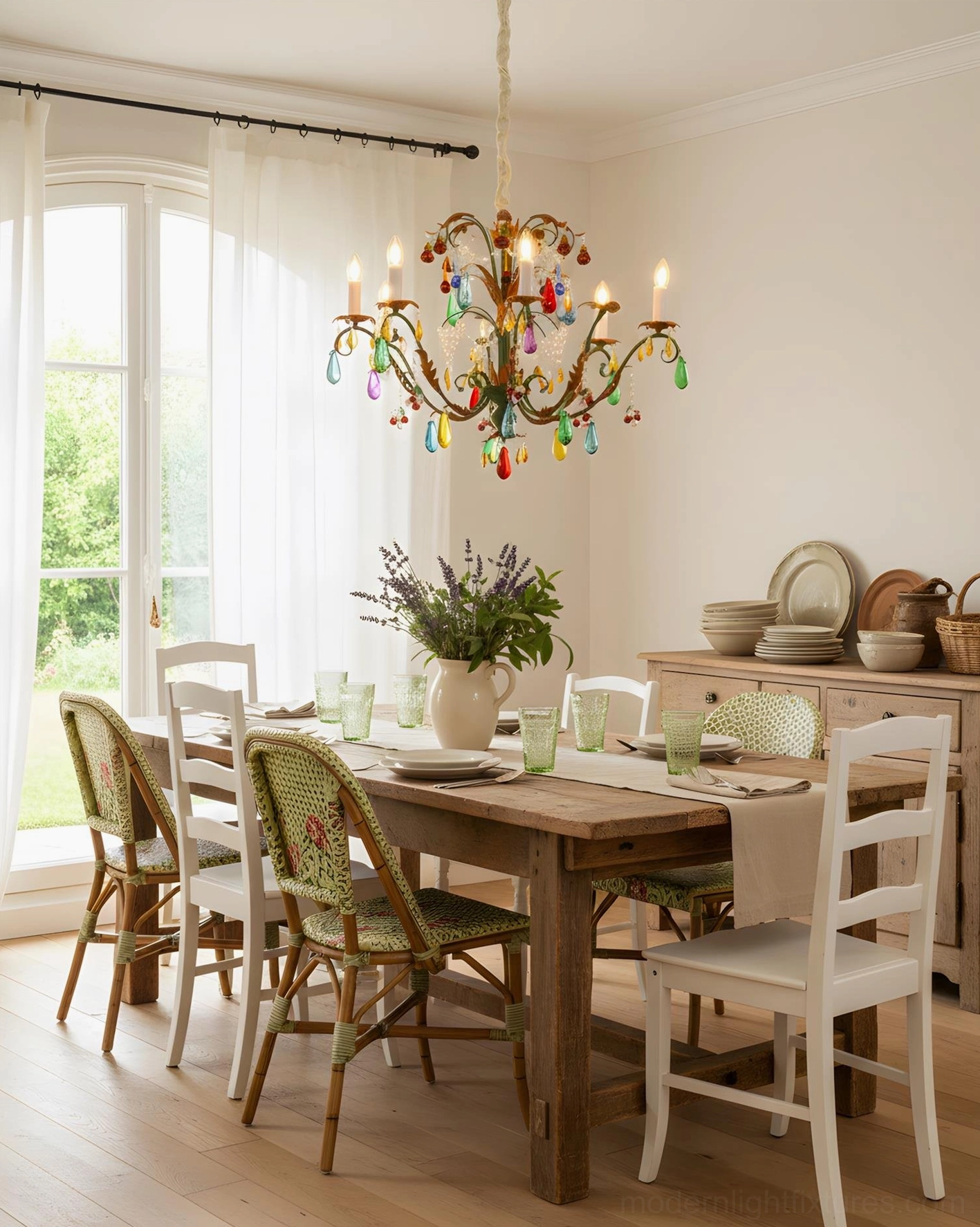 Vibranza crystal chandelier installed in farmhouse dining room with wooden table and sheer curtains