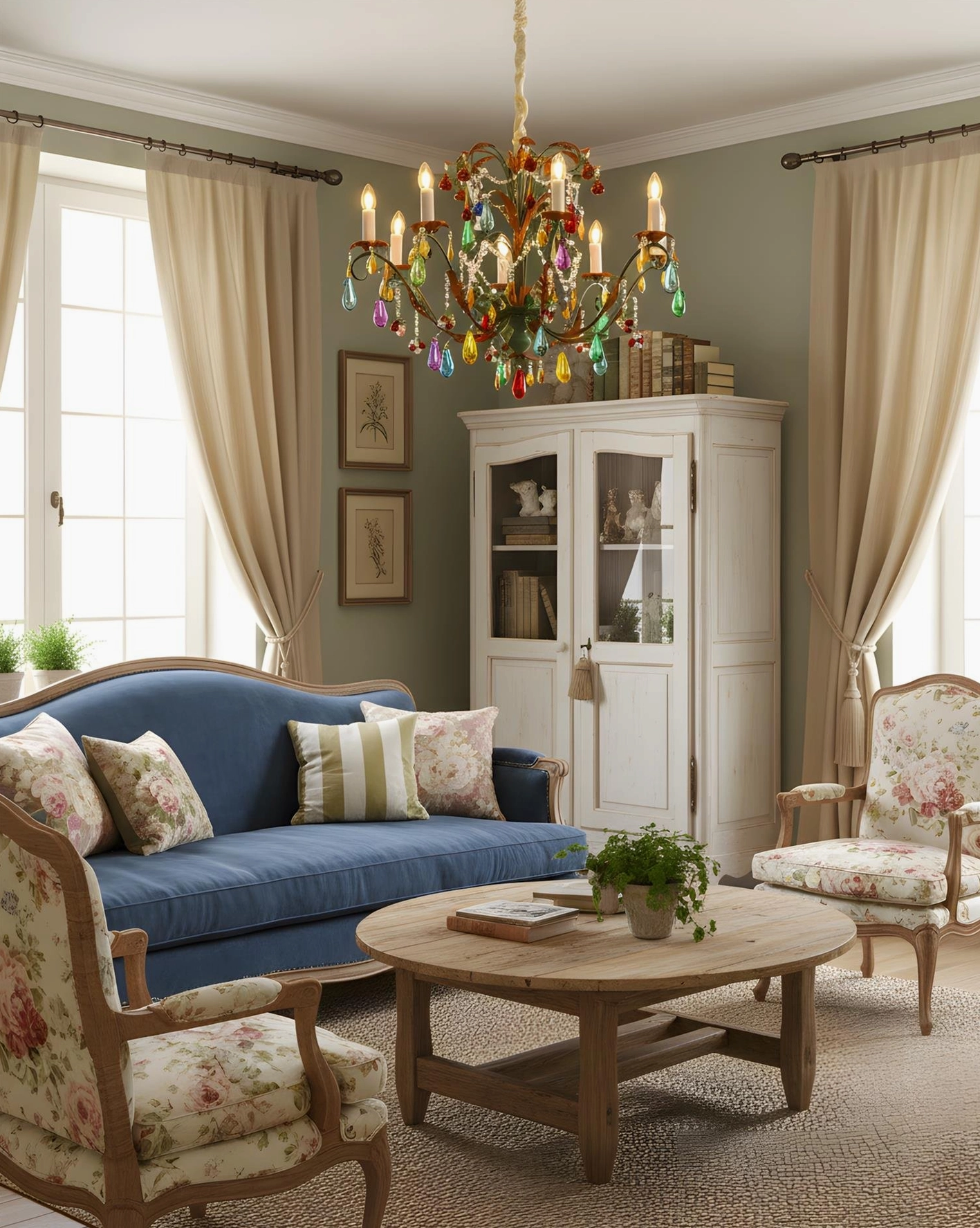 Botanical inspired chandelier in country living room with blue sofa and floral upholstered furniture