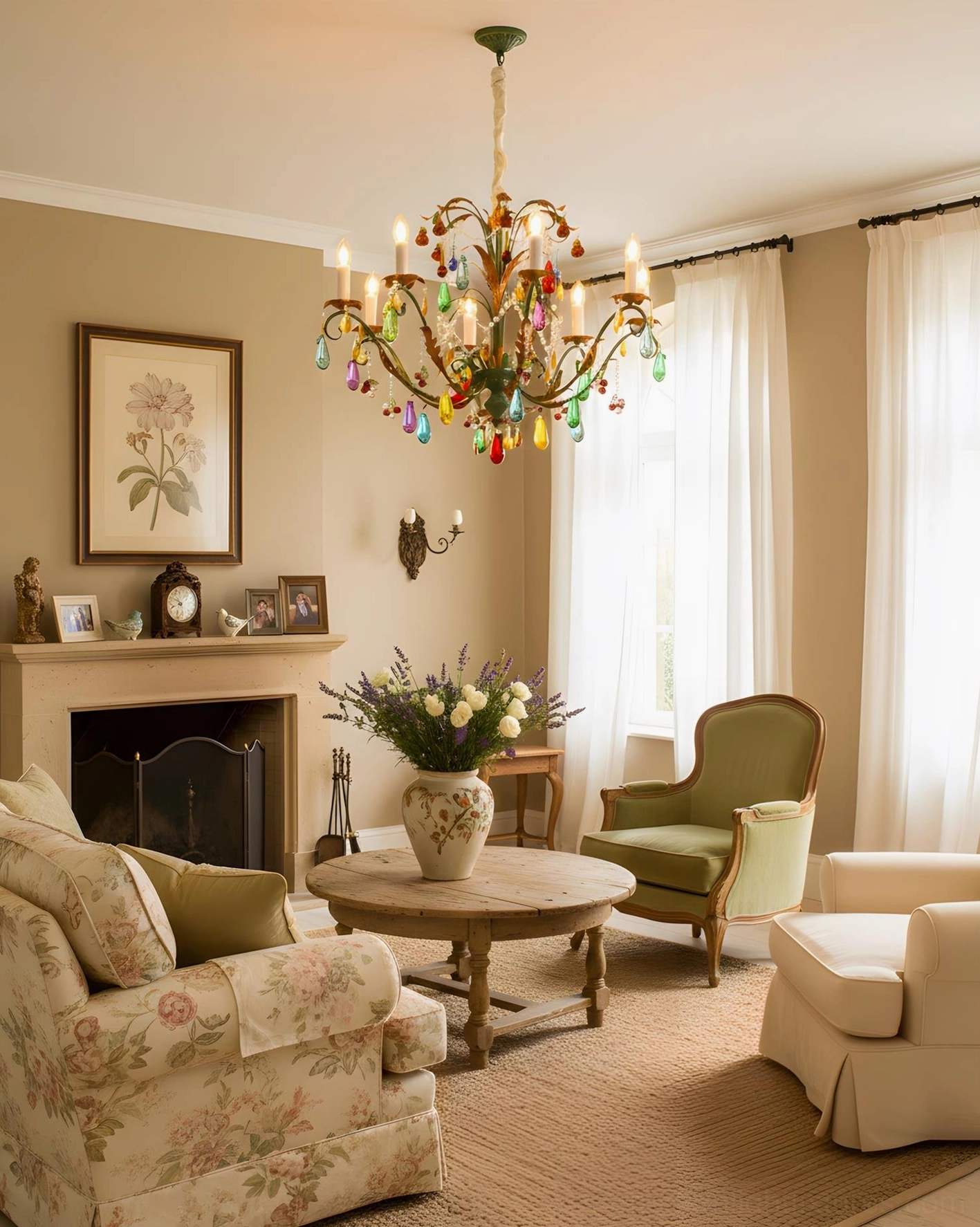 Vibranza vintage crystal chandelier in fireplace living room with traditional decor and round coffee table