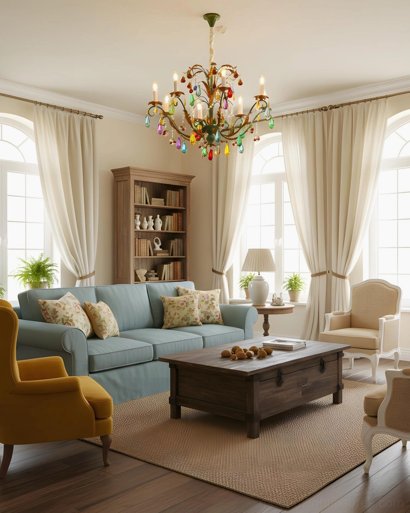 Colorful glass droplet chandelier in bright suburban living room with light sofa and arched windows