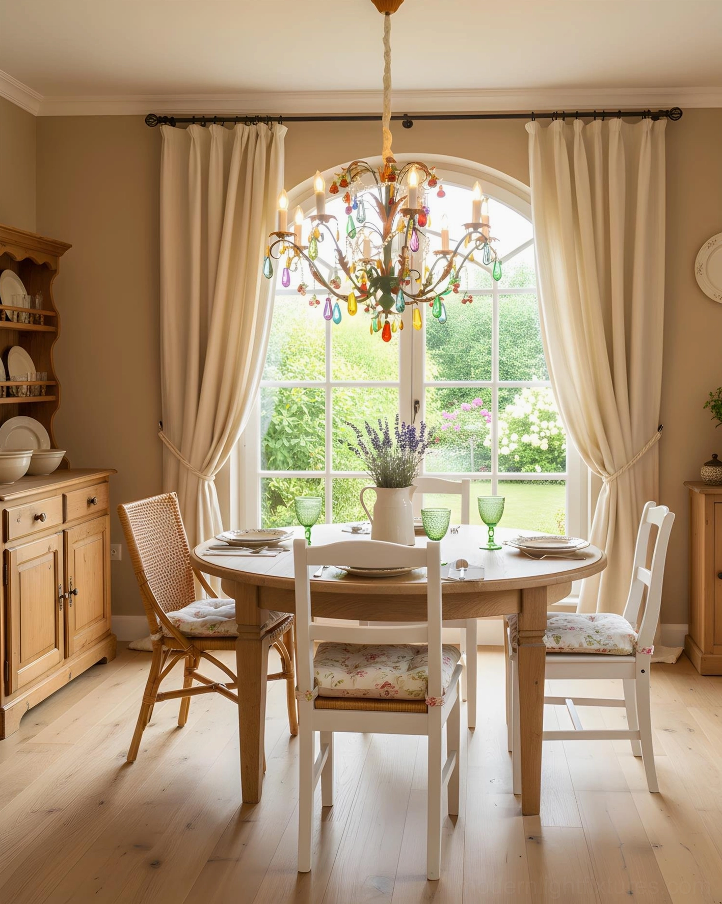 Vintage colorful chandelier above round dining table in cozy room with fabric chairs and area rug