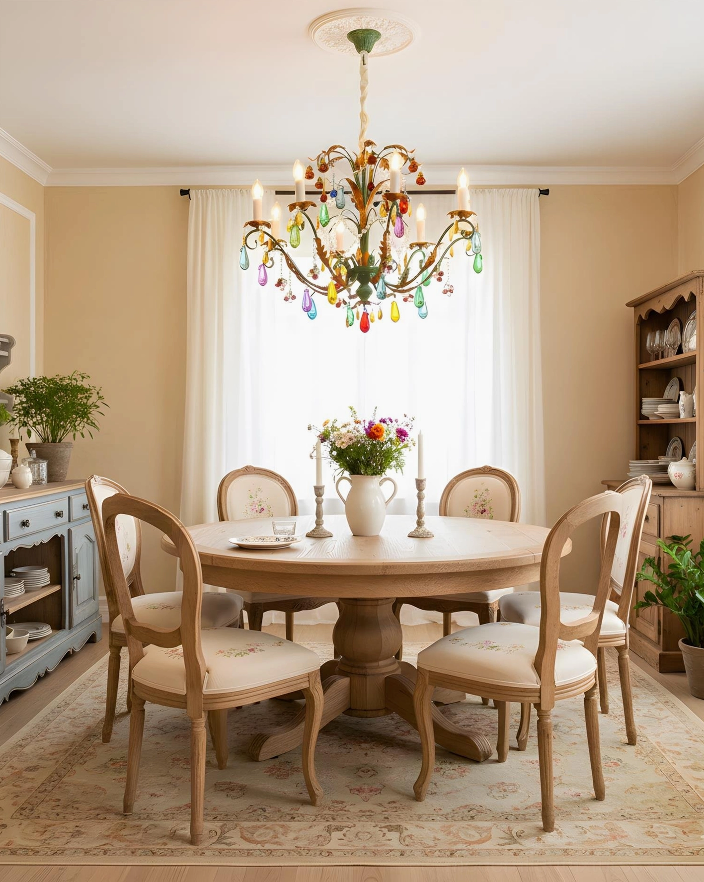 Hand-colored glass crystal chandelier in dining space with round table and upholstered seating