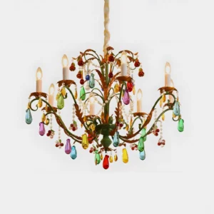 Vibranza colorful crystal chandelier with hand-blown glass droplets and multicolor teardrop pendants in copper gold finish