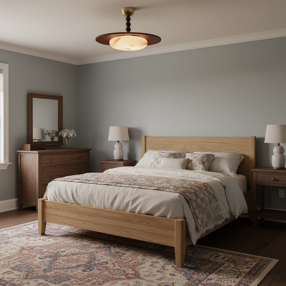 Vicenza ceiling light installed above wooden bed in minimalist warm modern bedroom