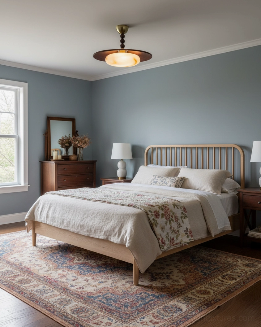 Vicenza warm white LED ceiling light in bedroom with blue accent walls and modern furniture