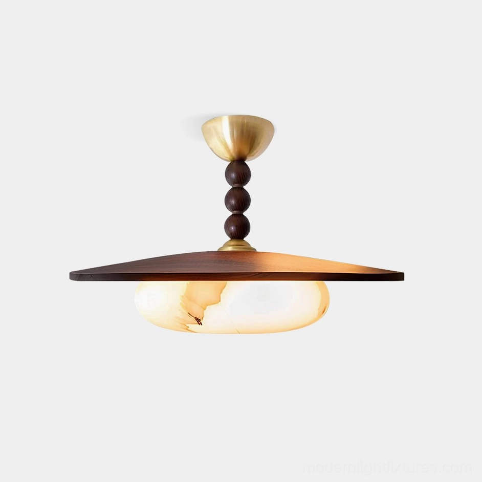 Vicenza mid-century modern ceiling light fixture with brass accents and walnut wood finish on white background