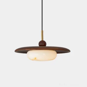 Vicenza mid-century modern pendant light with walnut wood canopy and white opal glass shade, front view studio photography