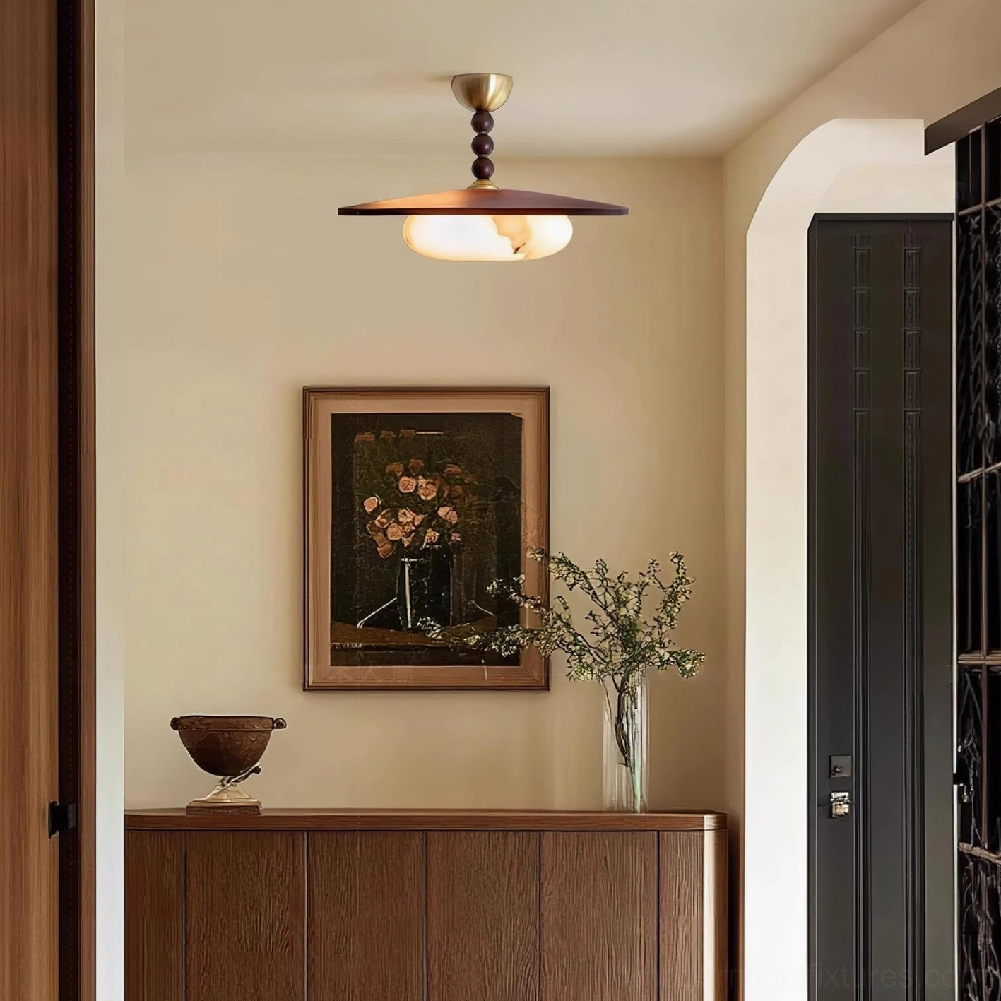 Vicenza brass and wood ceiling light fixture showing mid-century design proportions