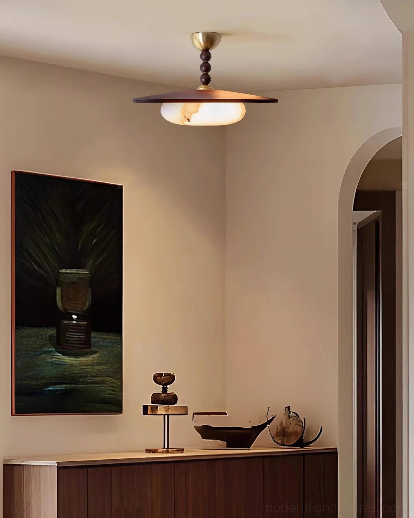 Vicenza mid-century modern ceiling light fixture 3/4 angle showing brass stem and diffuser