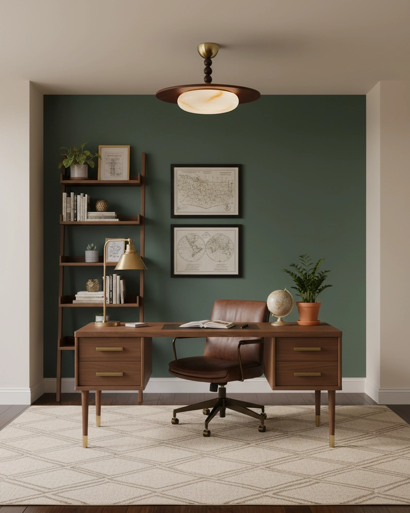 Vicenza mid-century modern ceiling light over home office desk with green accent wall