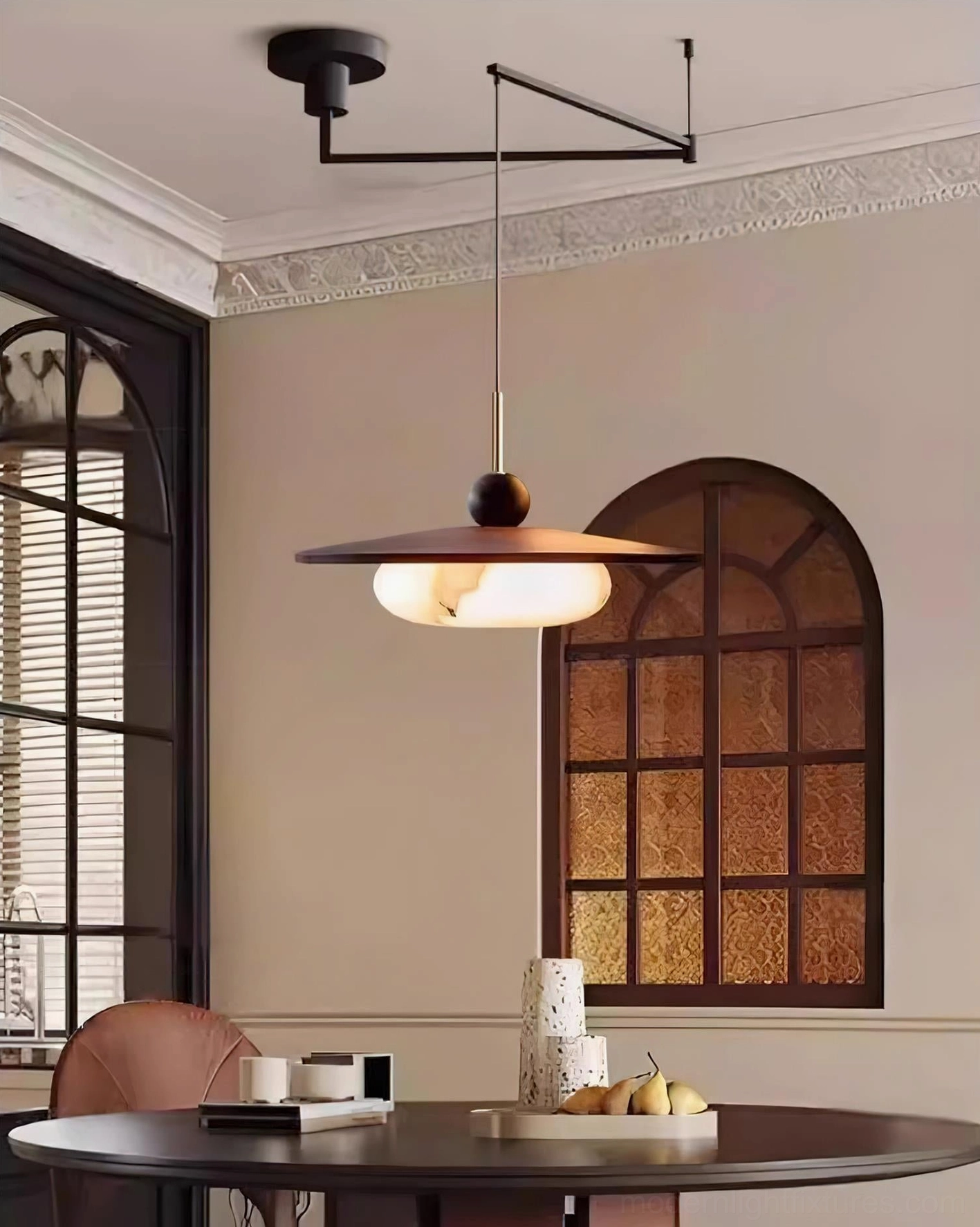 Vicenza swing arm pendant light modern wood glass fixture close-up details of frame and diffuser
