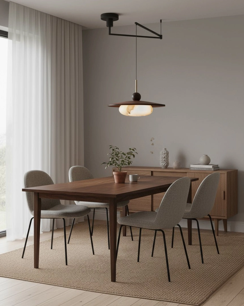 Adjustable swing arm pendant lamp glowing warm white light over casual dining area with grey chairs