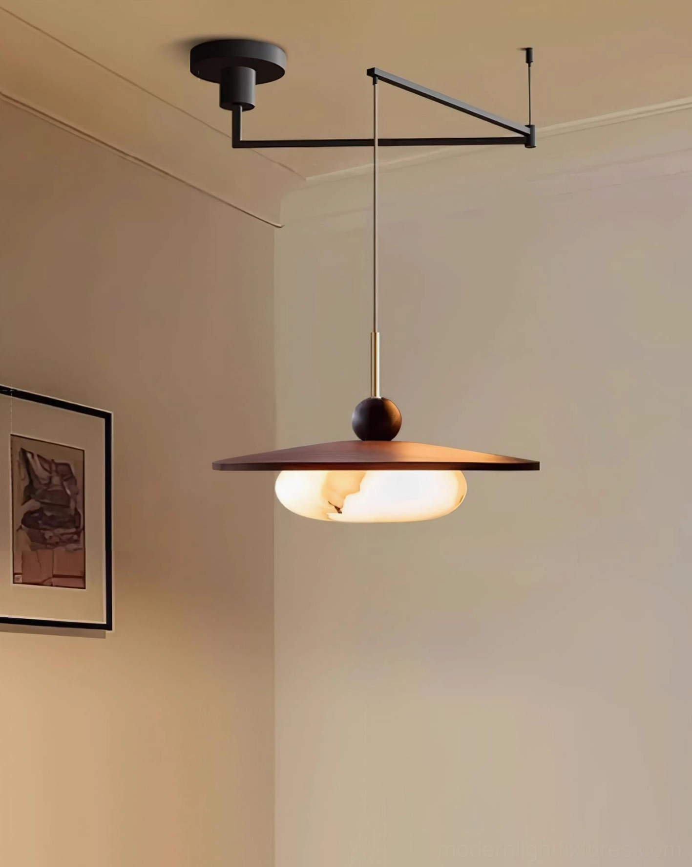 Swing arm pendant light fixture complete view with metal frame glass shade and mounting hardware
