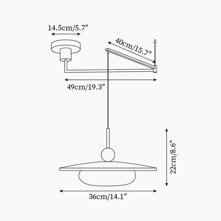 Vicenza swing arm pendant light technical specification diagram with dimensional measurements in centimeters and inches