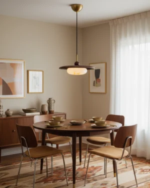 Single Vicenza pendant lamp hanging over dining room table with wooden furniture, warm white 3000K lighting