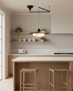 Modern swing arm pendant light installed above kitchen island with woven bar stools and shiplap accent wall