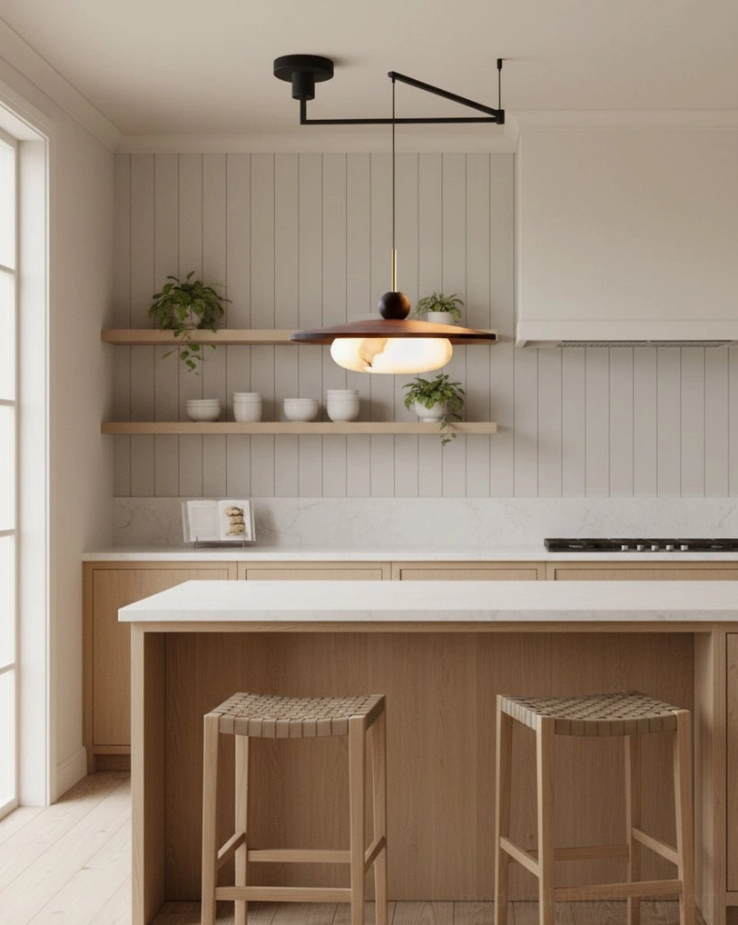 Modern swing arm pendant light installed above kitchen island with woven bar stools and shiplap accent wall
