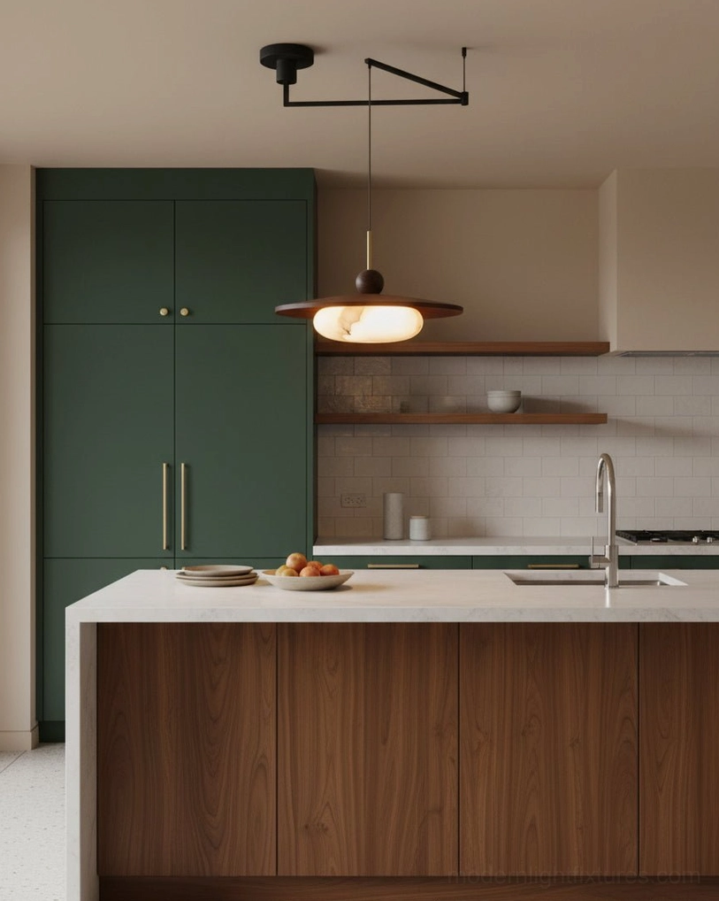 Adjustable swing arm pendant light in contemporary kitchen with dark green lower cabinetry and warm wood tones