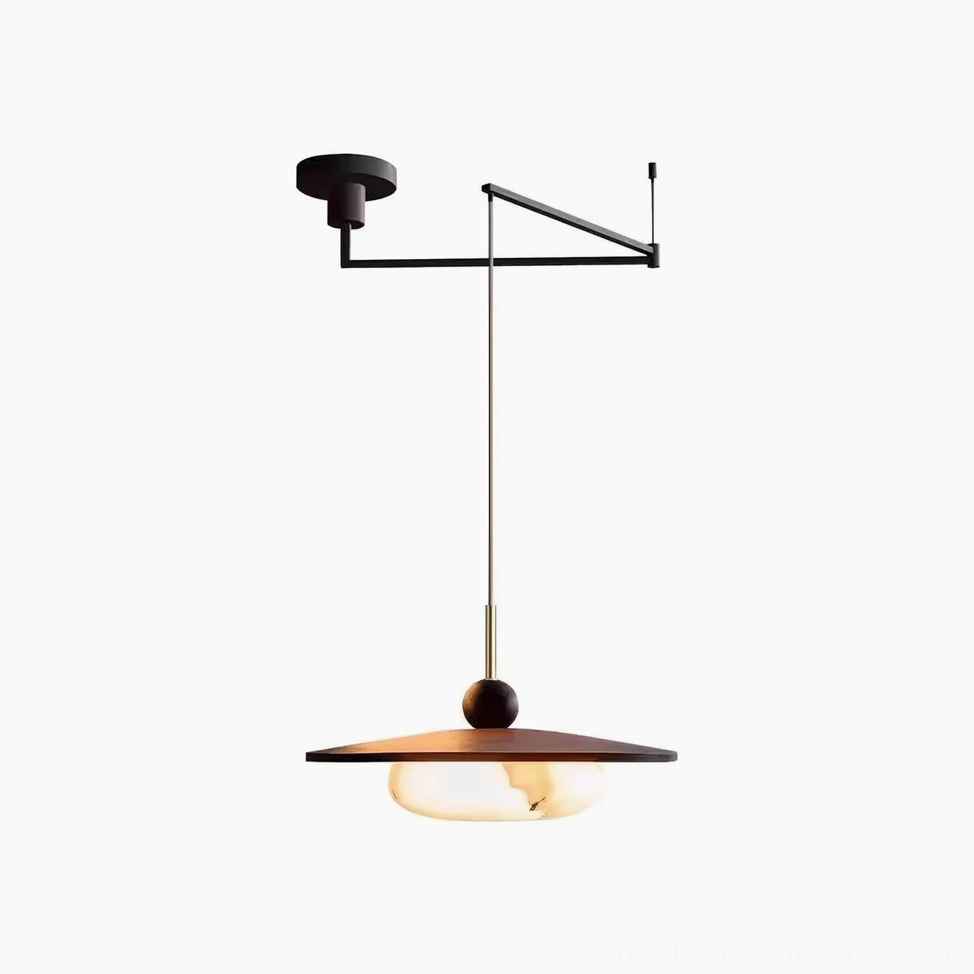 Swing arm pendant light architectural design showing articulating arm mechanism and materials