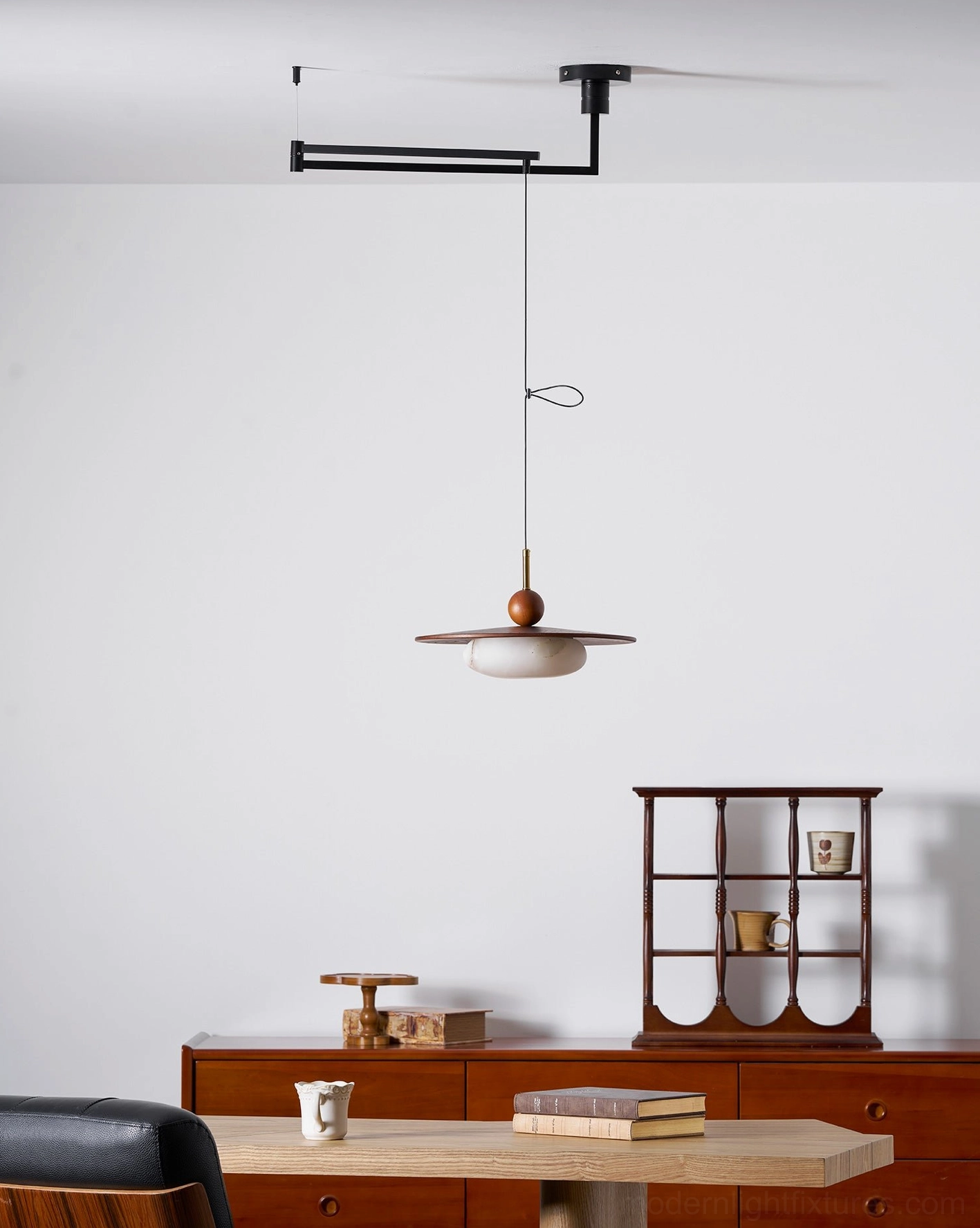 Vicenza swing arm pendant fixture showing multiple color finish options and material combinations
