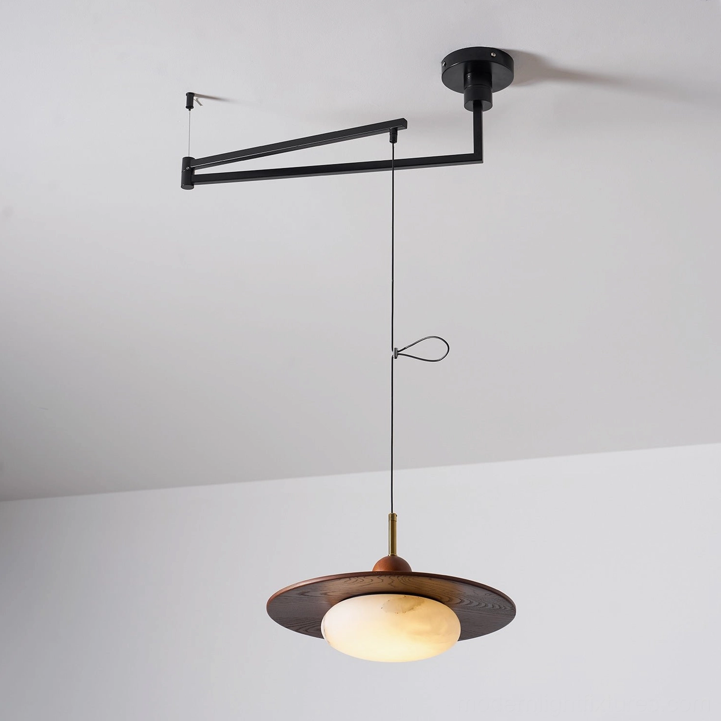 Contemporary swing arm pendant lamp in modern interior setting with warm wood and glass materials