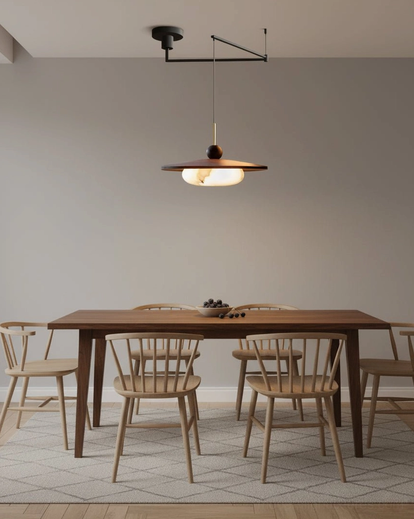 Contemporary swing arm pendant light in formal dining room with wooden table and Nordic minimalist interior style