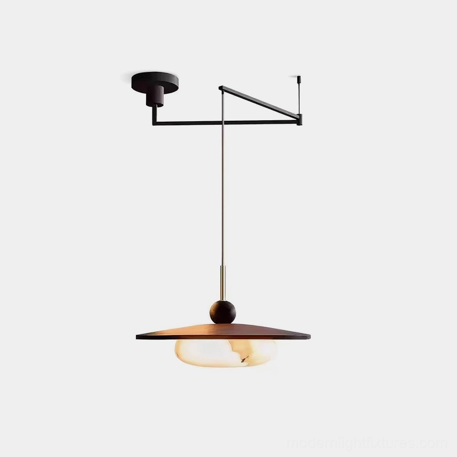 Vicenza swing arm pendant light with matte black metal frame and wood tone disc shade frontal view on white background