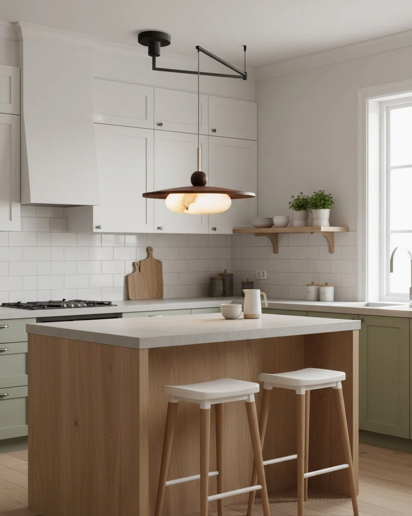 Swing arm pendant fixture mounted above modern kitchen island with light wood and white cabinetry