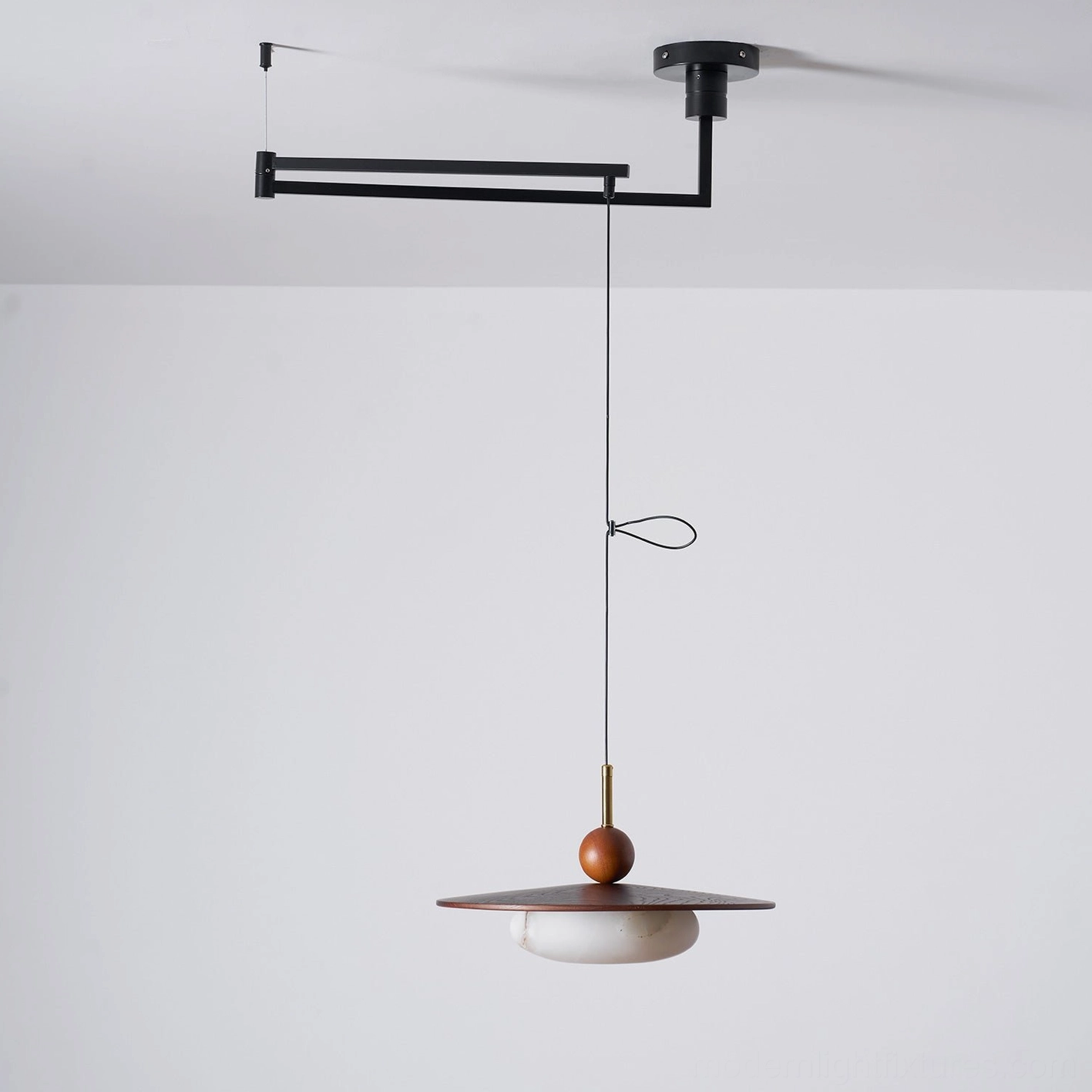 Swing arm pendant lamp walnut color with white alabaster diffuser soft diffusion ambient light
