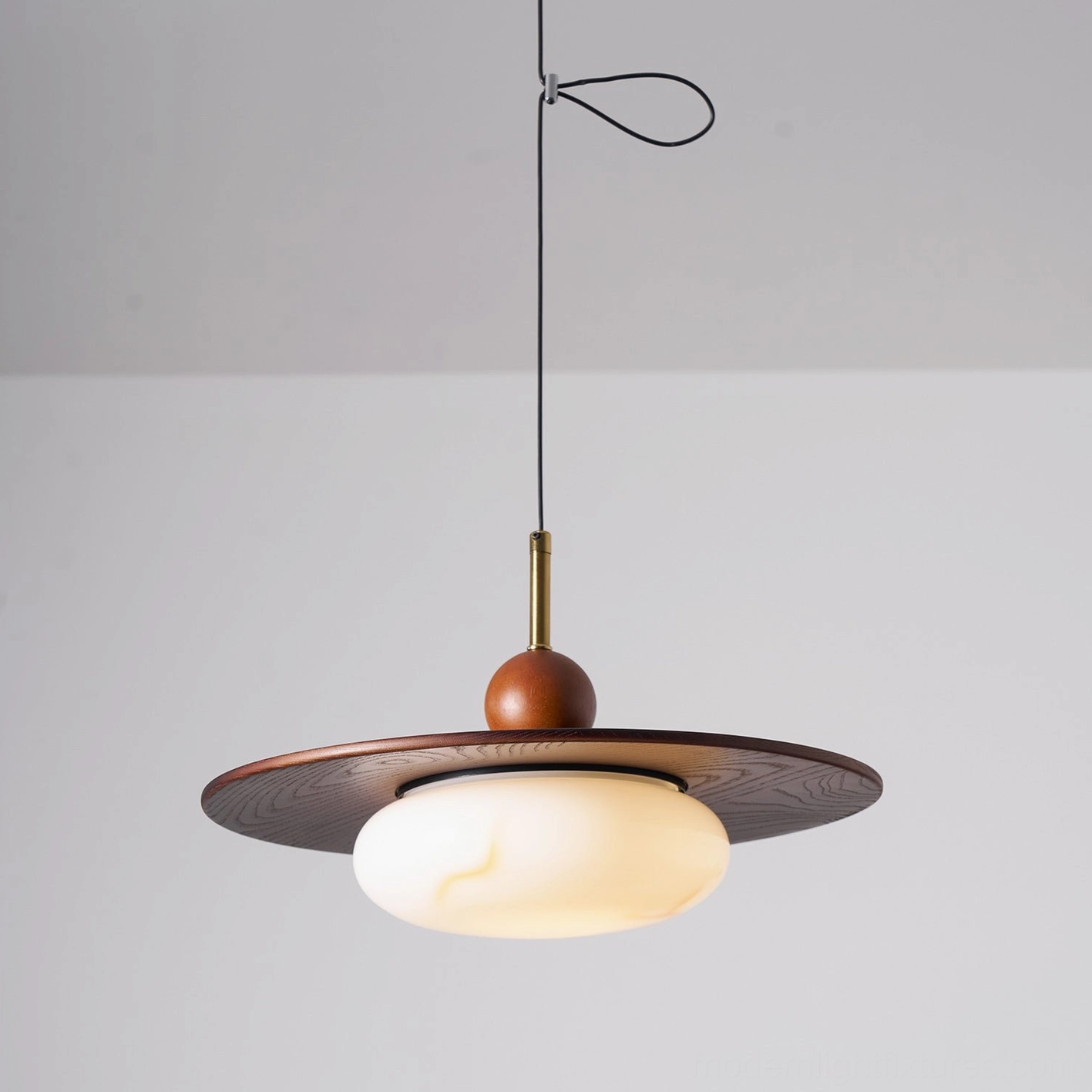 Vicenza swing arm pendant light walnut color with white alabaster diffuser finish option