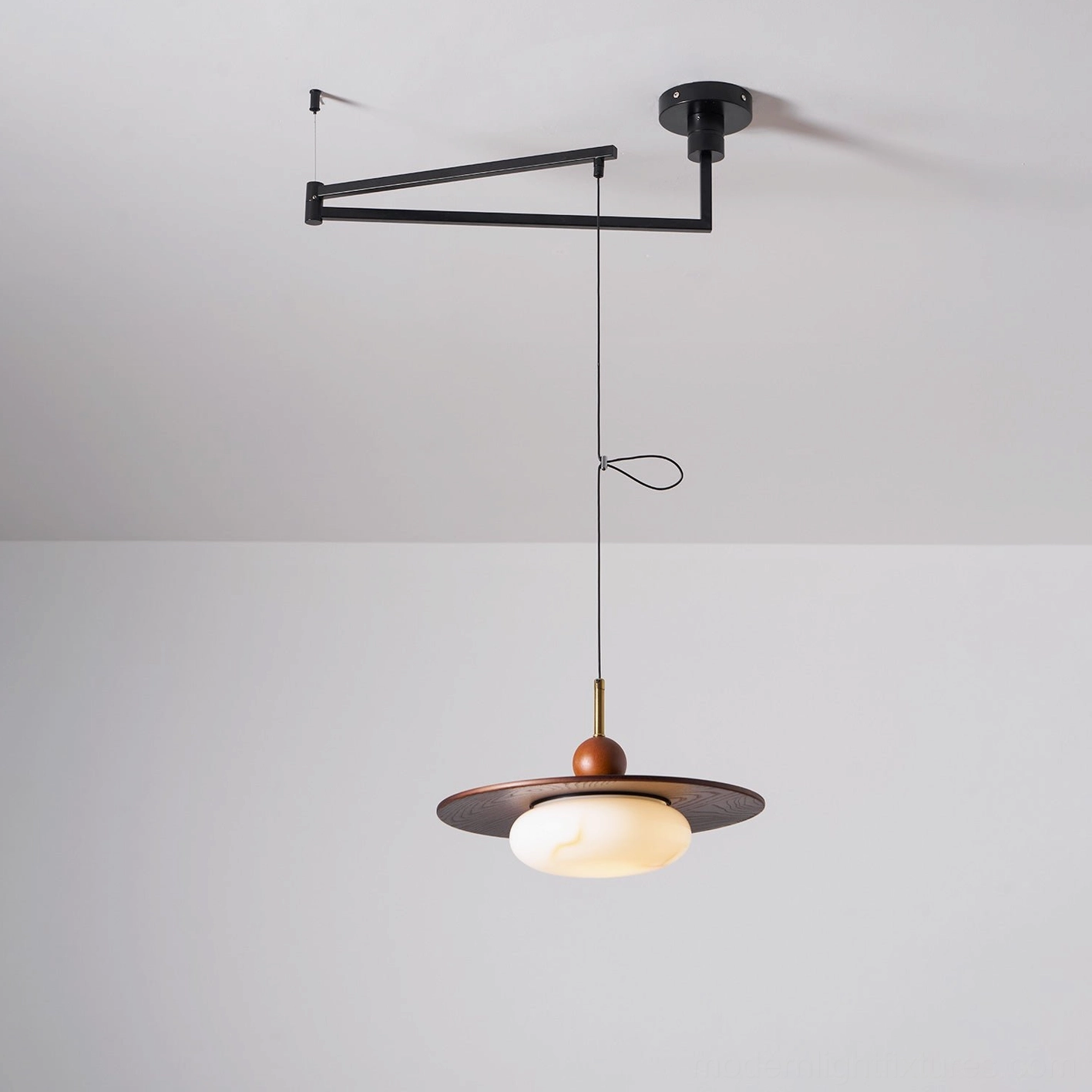 Swing arm pendant light walnut wood and white glass combination modern minimalist aesthetic