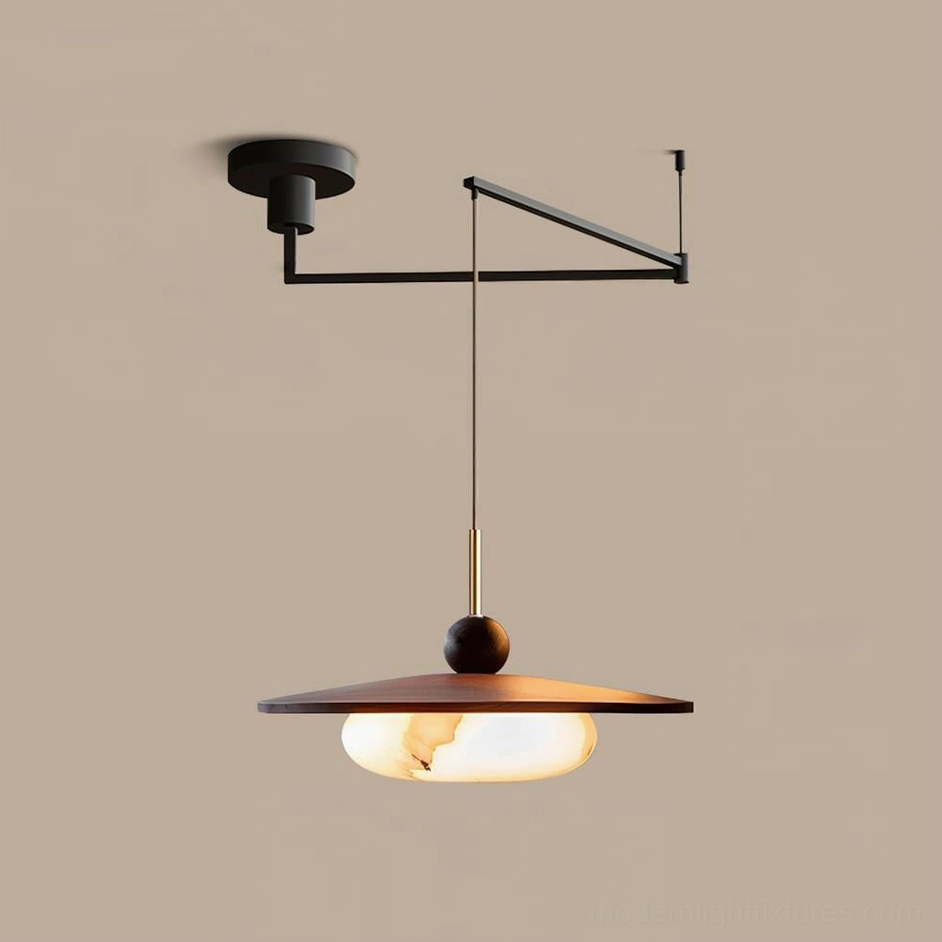 Vicenza swing arm pendant lamp walnut wood and white glass shade minimalist design studio view