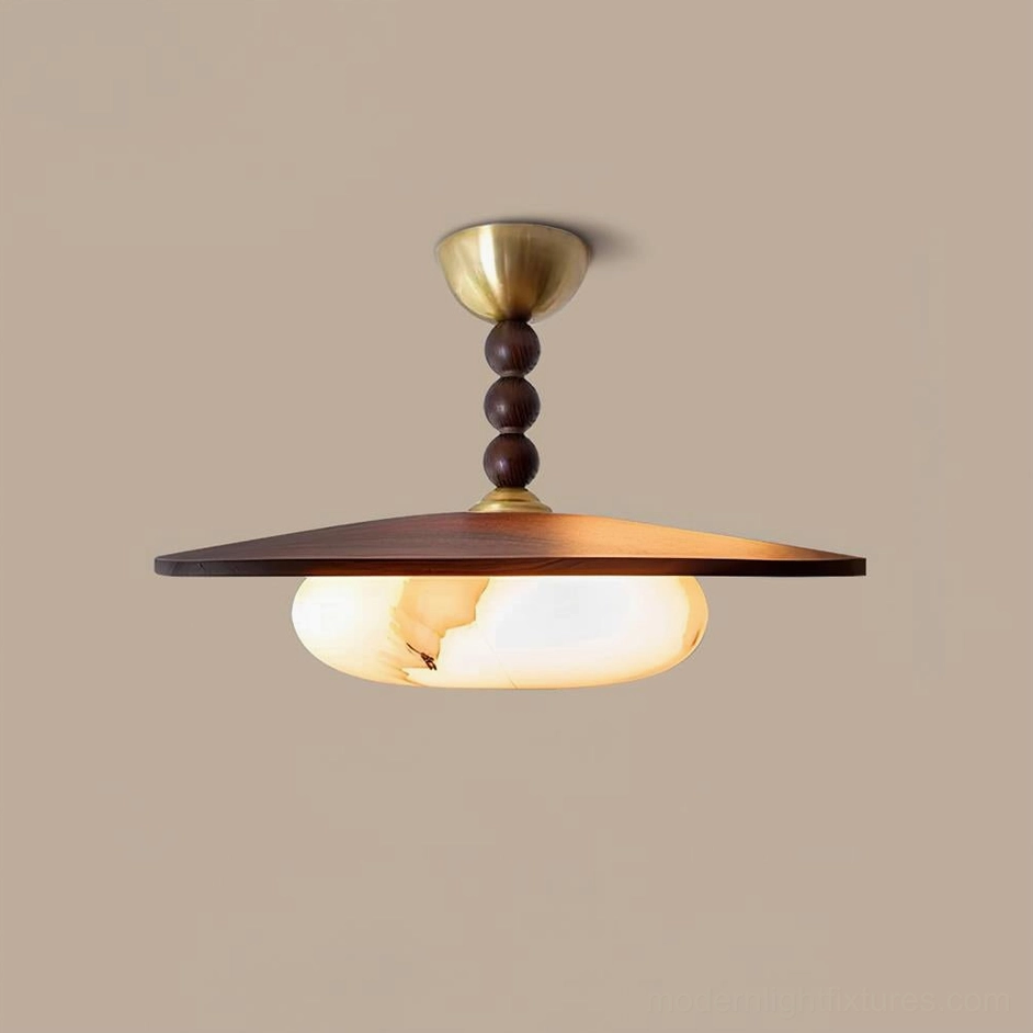Vicenza walnut finish ceiling light with white alabaster shade in bedroom setting
