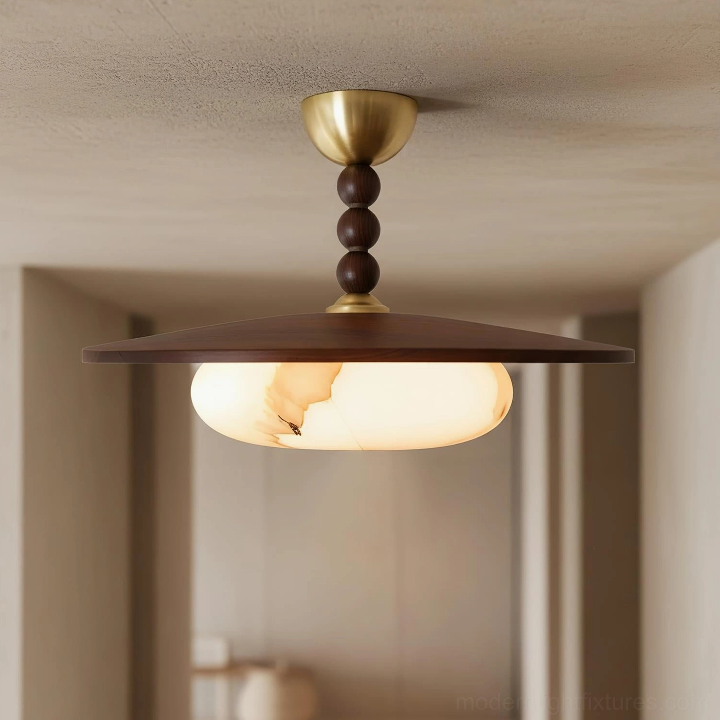Vicenza mid-century modern ceiling light close-up of wood and brass construction