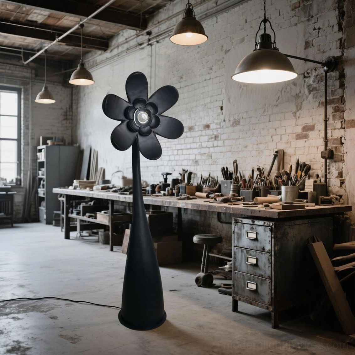 Black matte Vicenzio artistic floor lamp with tall tapered stem and petal-shaped head - contemporary minimalist design