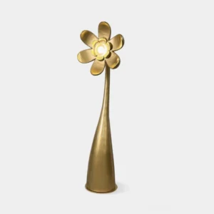 Vicenzio flower floor lamp in brushed gold finish with 6-petal sculptural head on white background - modern artistic standing lamp