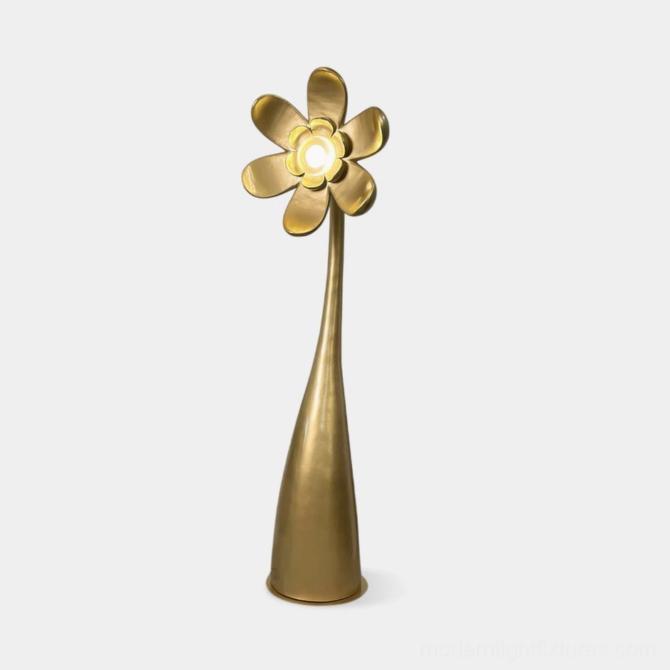 Vicenzio flower floor lamp in brushed gold finish with 6-petal sculptural head on white background - modern artistic standing lamp