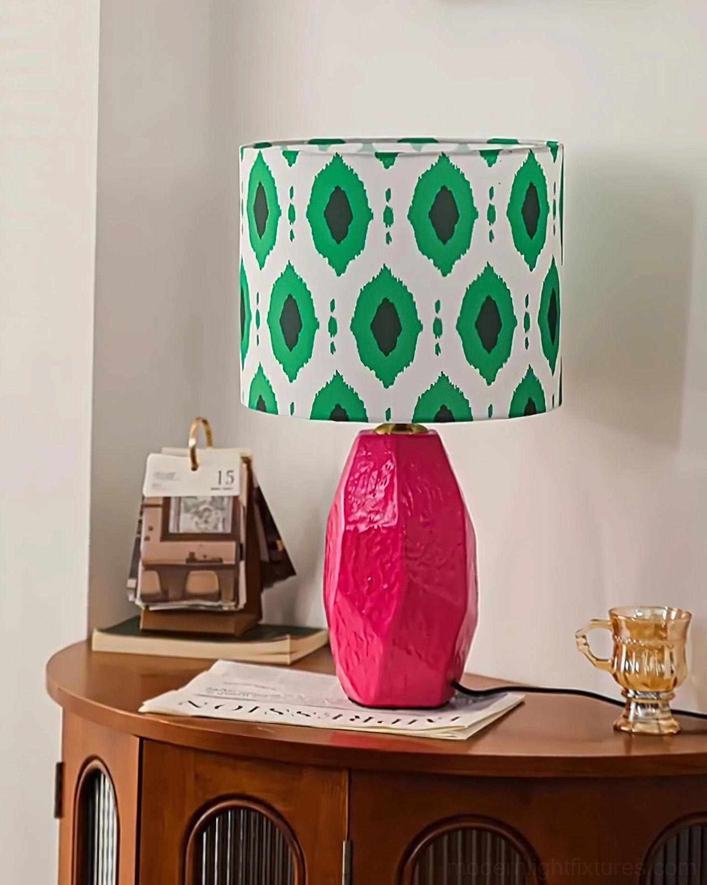 Vico bohemian geometric table lamp close-up three-quarter view on vintage wooden side table with eclectic décor accessories