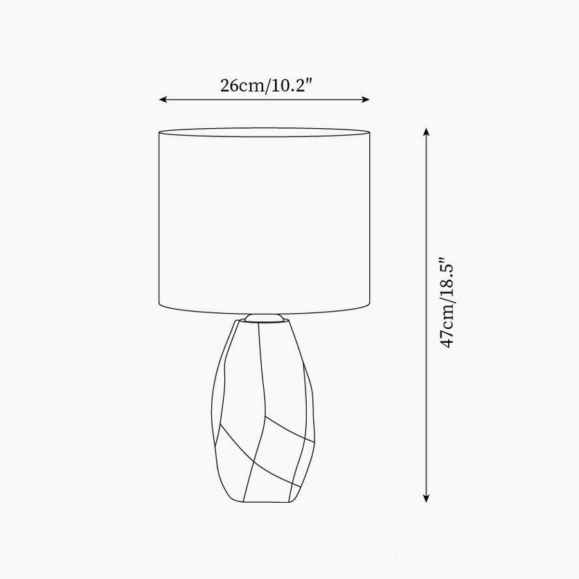 Vico table lamp technical dimension drawing showing ceramic base and fabric shade measurements 26cm diameter by 47cm height