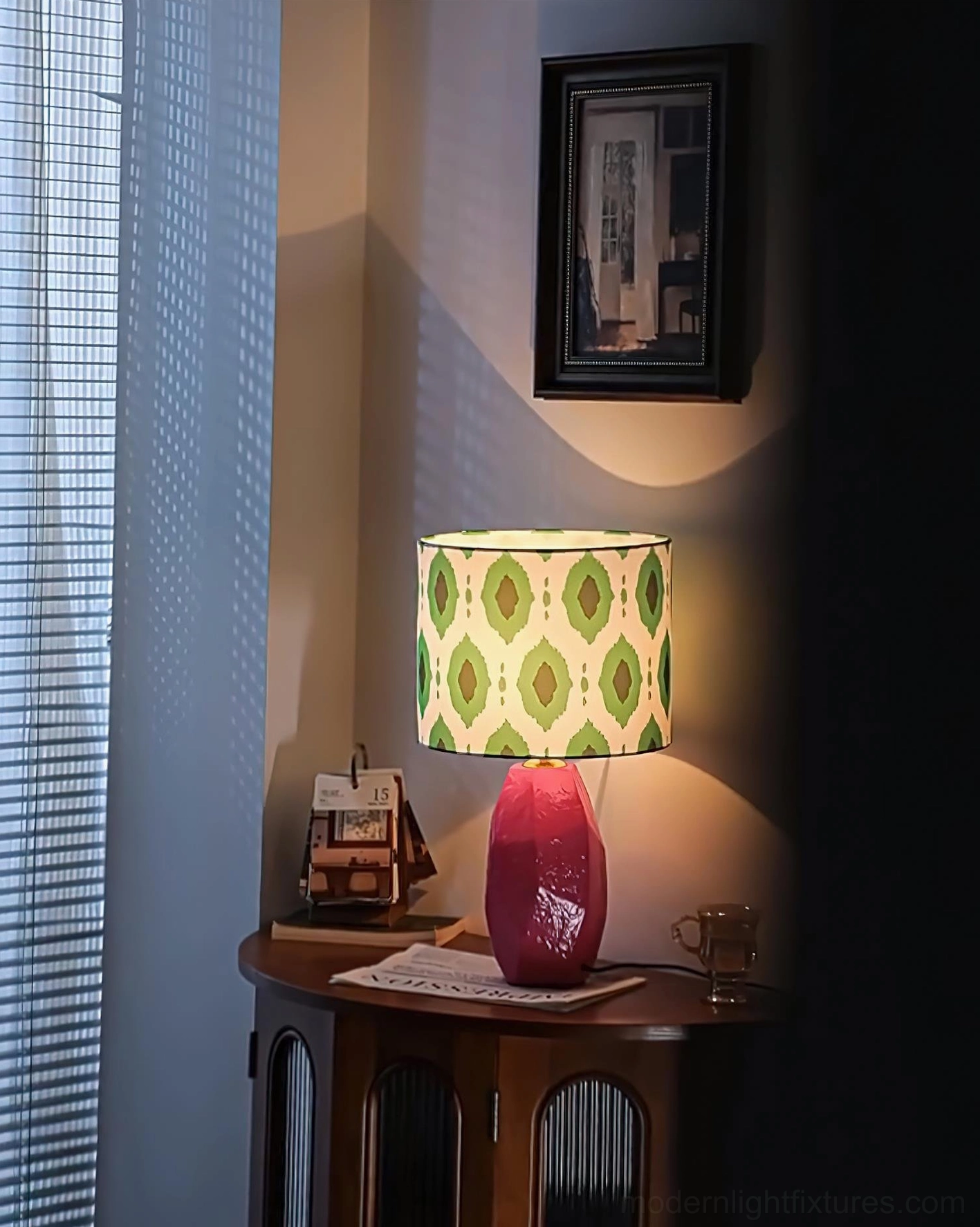 Vico geometric table lamp white base variant with green patterned fabric shade, artistic bohemian lighting fixture