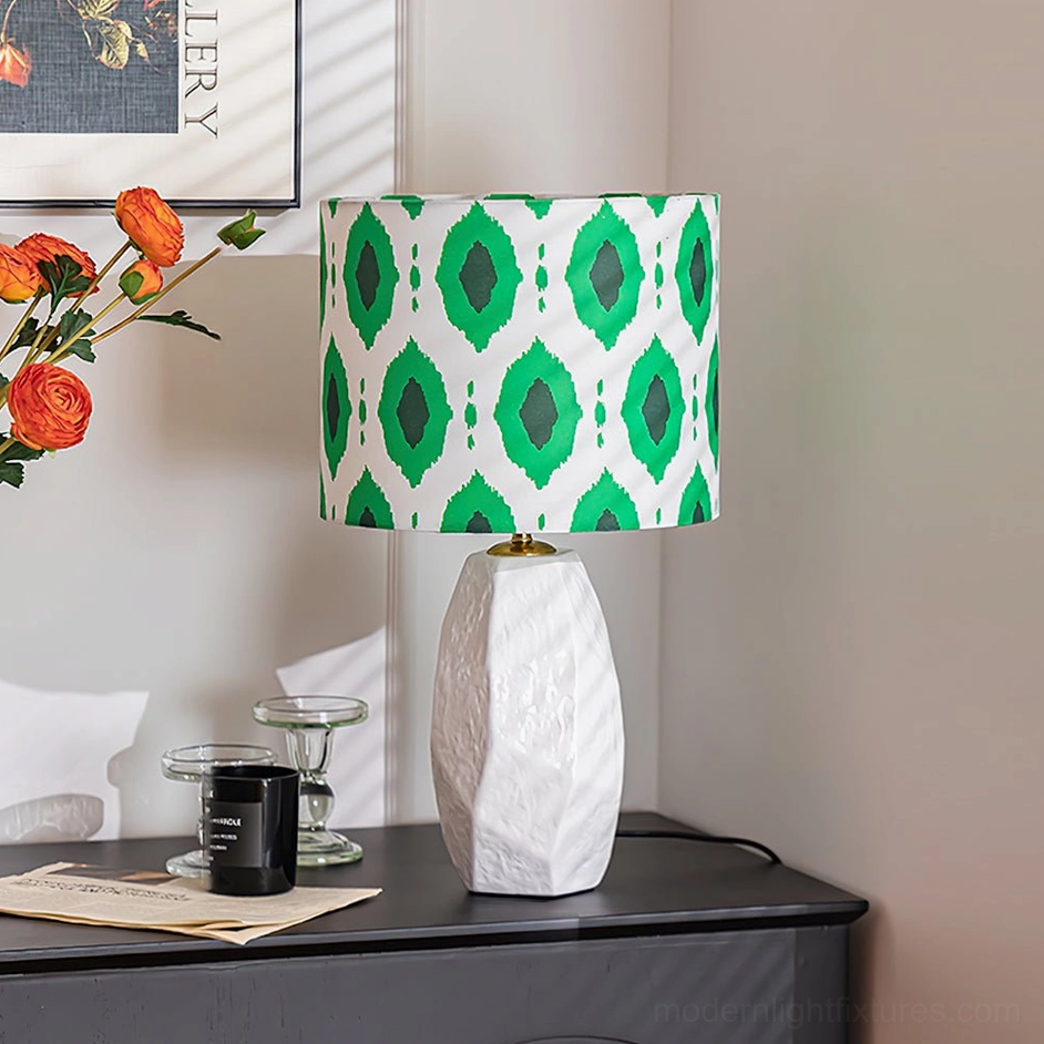 Vico table lamp with white ceramic base paired with green geometric ikat shade, modern bohemian style lighting