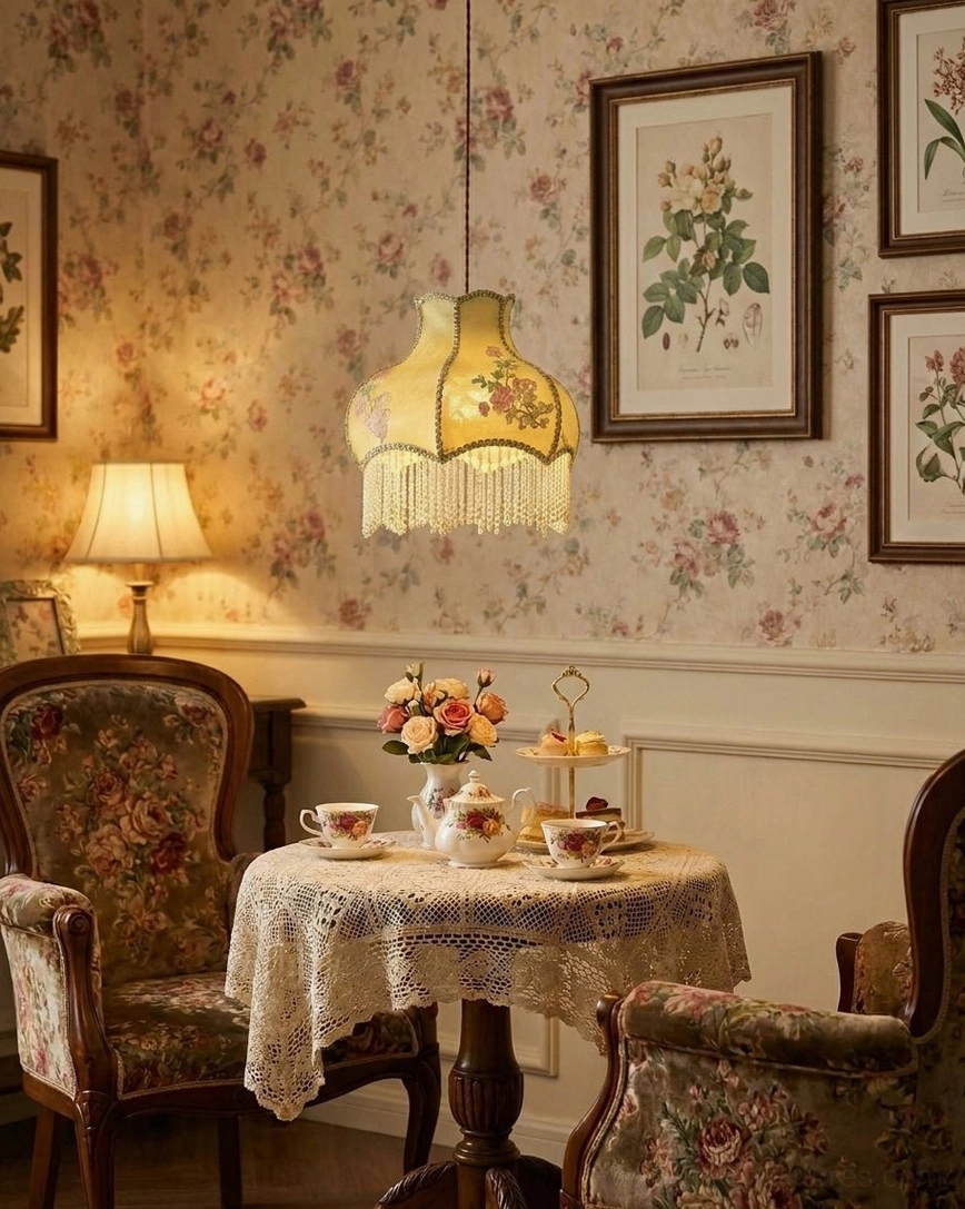 Floral fabric pendant lamp with beaded fringe over afternoon tea dining table with lace tablecloth