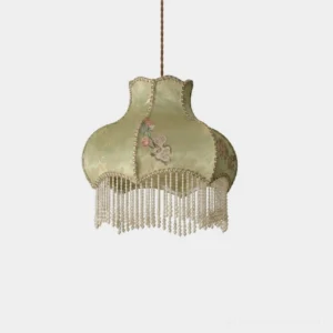 Victorian embroidered floral damask bell-shaped pendant light with gimp braid and beaded fringe, sage green colorway, isolated on white background