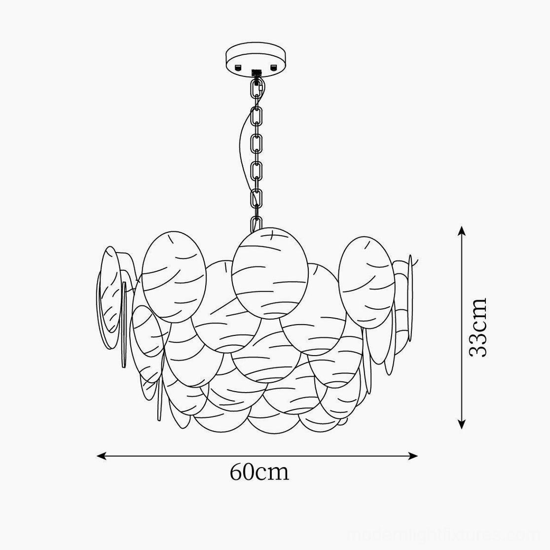 Technical dimension drawing large disc Victorian glass chandelier 60cm diameter 33cm height