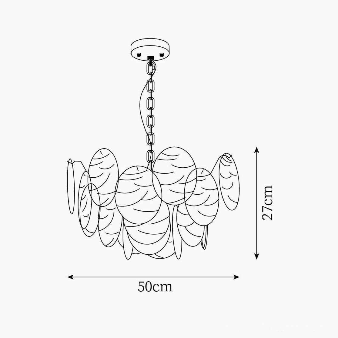 Technical dimension drawing medium disc Victorian glass chandelier 50cm diameter 27cm height